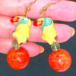 Yellow & Orange Ceramic Dangle Hand crafted Parrot Bird  Earrings
